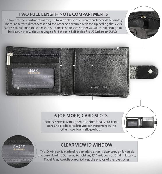 Koruma Mens Premium Genuine Leather Horizontal Wallet Smart Credit Card Blocker and Coin Pocket with RFID TUV Certified – Black 3-in-1 Wallet - Image 3