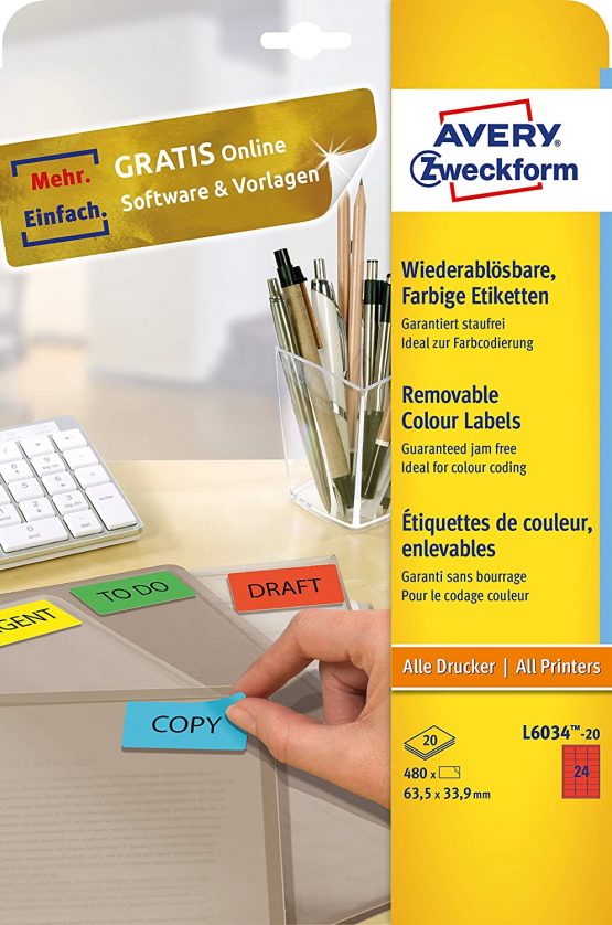 Avery L6034-20 Removable Coloured Labels (A4 Sheets of 63.5 x 33.9 mm, 24 Labels Per Sheet, 20 Sheets) - Red