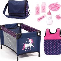 Bayer Design 61754AC, Care Set for Toddlers with many accessories, bed, shoulder, doll sleeping bag, 11 pcs, Blue, Pink with Unicorn