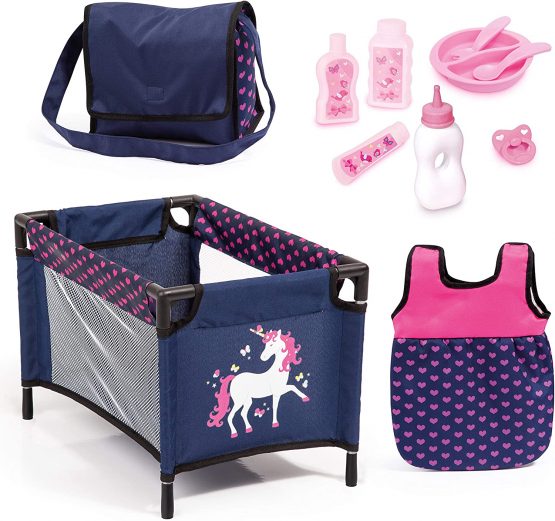 Bayer Design 61754AC, Care Set for Toddlers with many accessories, bed, shoulder, doll sleeping bag, 11 pcs, Blue, Pink with Unicorn