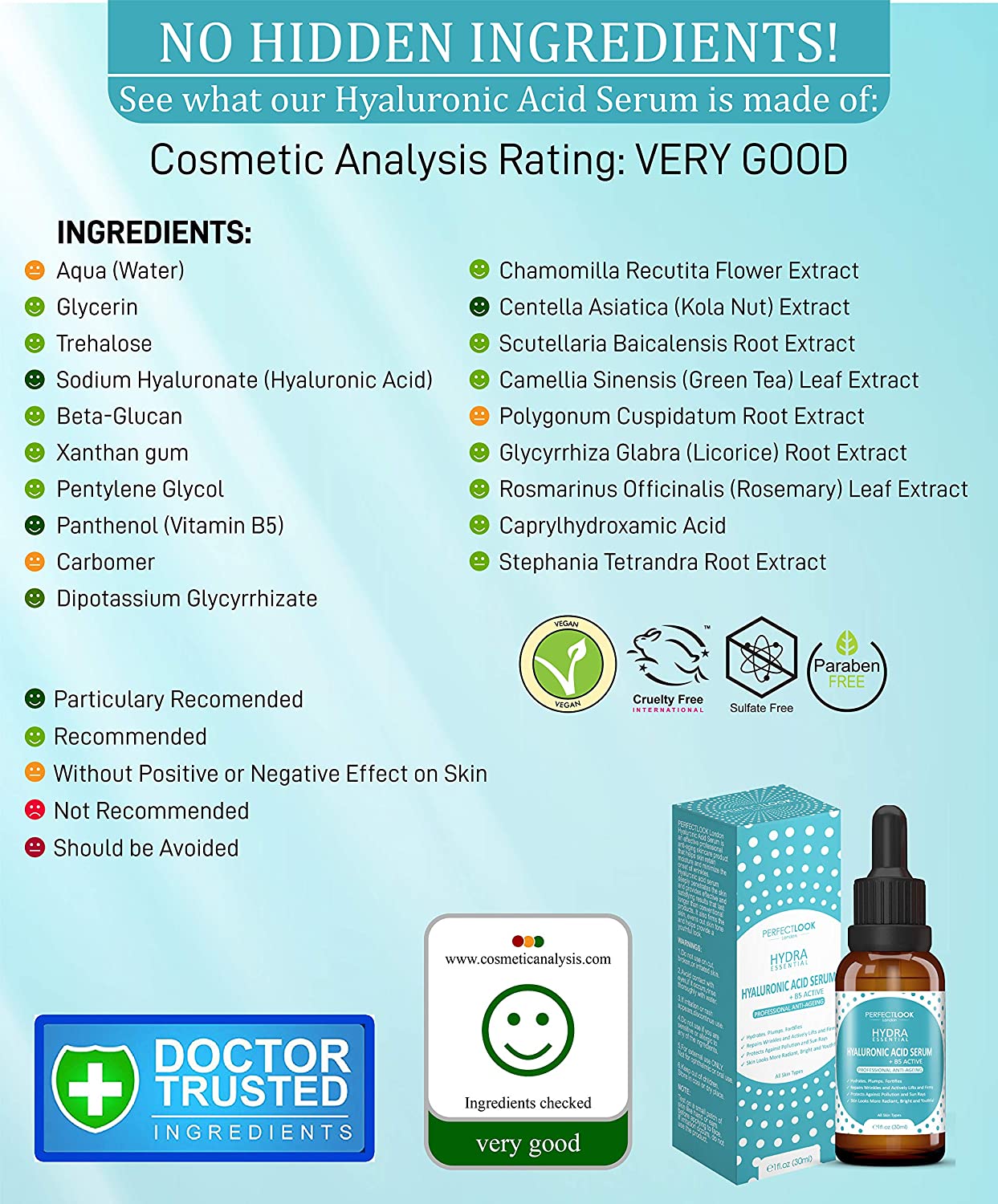 Perfect Look London 5% Hyaluronic Acid Serum for Face with Centella Asiatica and Vitamin B5, 97.6% Natural Ingredients - Image 3