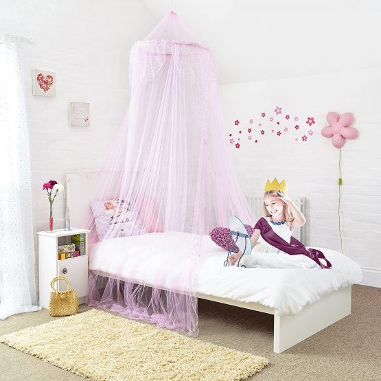 Princess Bed Canopy - Beautiful Silver Sequined Childrens Bed Canopy in Pink - single bed - Image 3