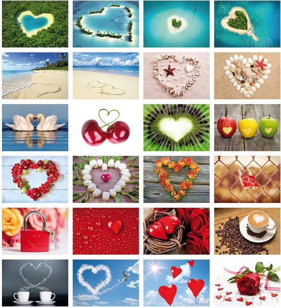 Pack of 24 "LOVE POSTCARDS" with 24 hearts, all different images, 5,8 x 4,1 inch (DIN A 6) by Edition Colibri