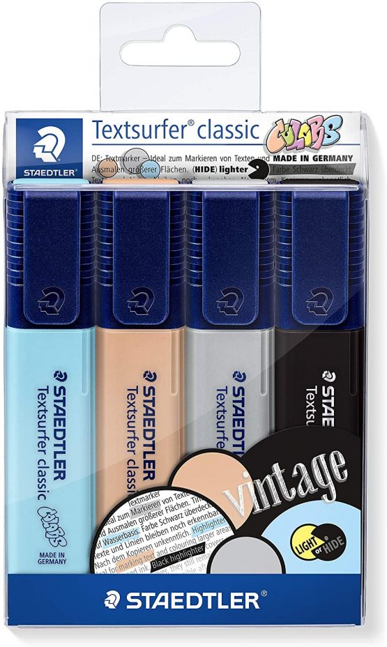 STAEDTLER Textsurfer Classic 364 Highlighter, High Quality Made in Germany, with Large Ink Reservoir for Extra Long Marking Performance, Case with 4 Colours, Vintage 364 CWP4