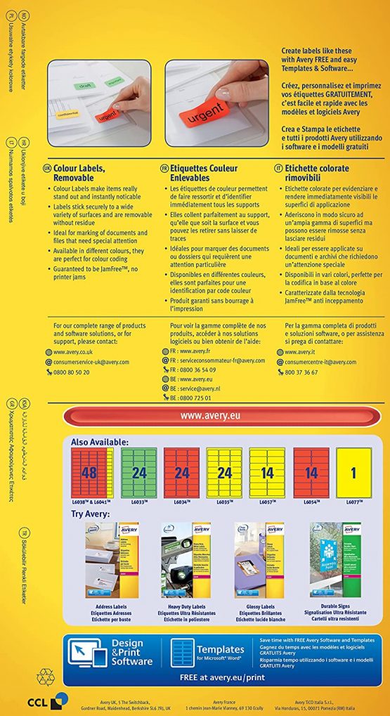 Avery L6034-20 Removable Coloured Labels (A4 Sheets of 63.5 x 33.9 mm, 24 Labels Per Sheet, 20 Sheets) - Red - Image 2
