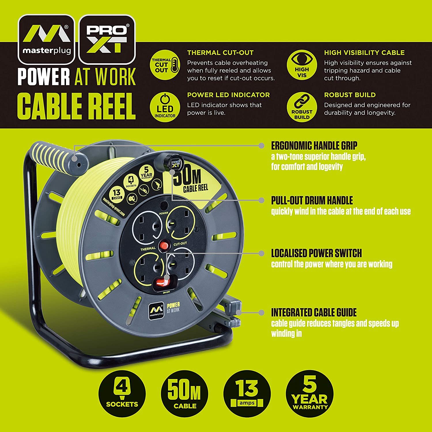 Masterplug OLU50134SL-PX Pro-XT Four Socket Open Cable Reel with Winding Handle, Thermal Cut Out and Power Switch - Image 2