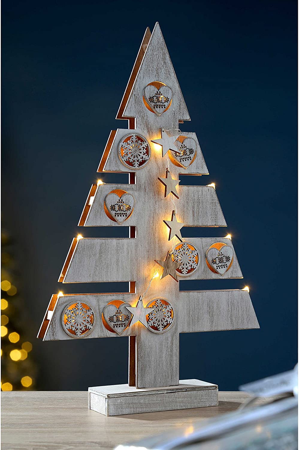 WeRChristmas Pre-Lit Star and Heart Christmas Tree Table Decoration, Wood, 47 cm - White, 29.5 x 5.5 x 47 cm - Image 3