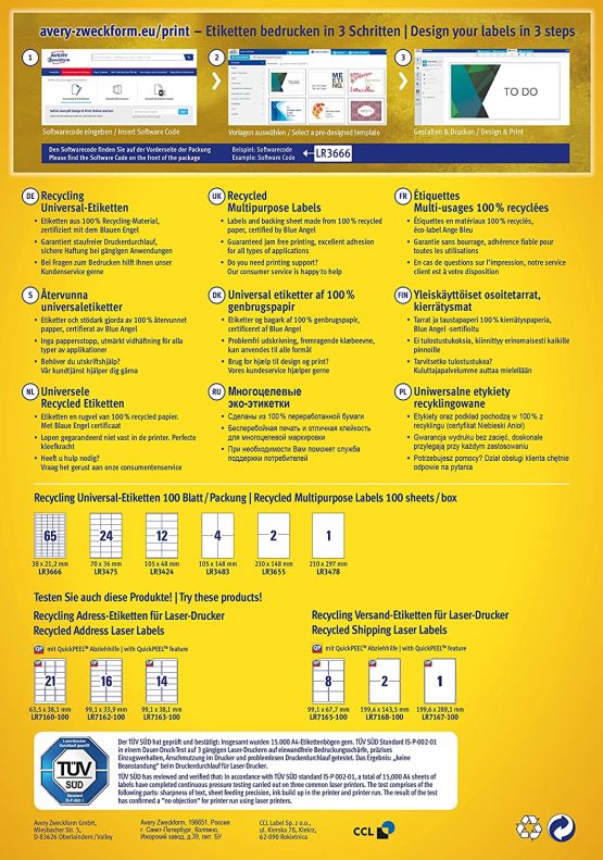 Avery Zweckform LR3483 Recycled A4 Universal Labels (400 Labels 105 x 148 mm 100 Sheets White - Image 2