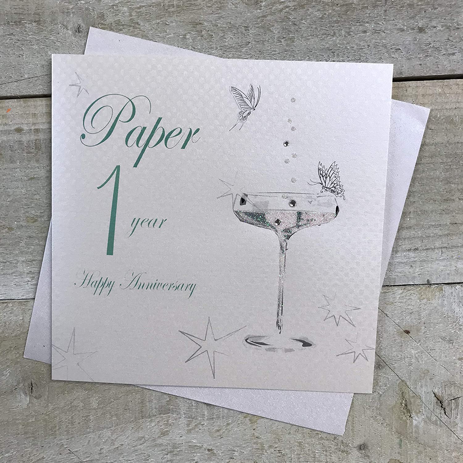 White Cotton Cards BD101C Coupe Glass "Happy Anniversary 'Paper' 1 Year" Handmade Anniversary Card, White,16cm X 16 cm