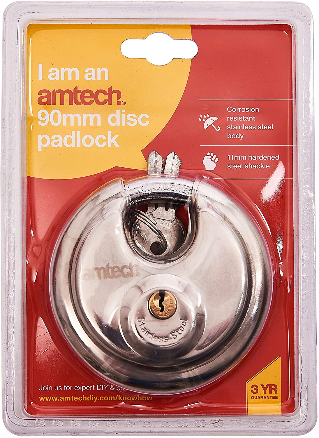 Amtech W4250 90mm Disc Padlock, Heavy Duty and Corrosion Resistant Stainless Steel Construction with 2 Keys - Image 3