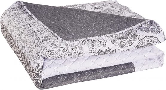 DecoKing 220x240 cm Reversible Bedspread Printed Throw Microfibre Floral Pattern Two-Sided Easy Care Grey White Alhambra - Image 4
