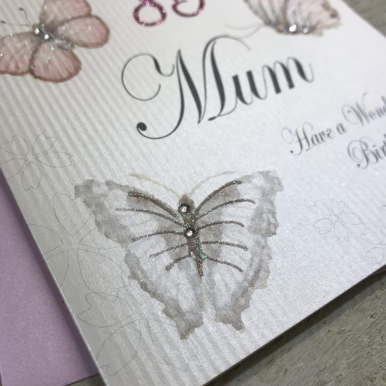white cotton cards Handmade 85 Mum Have a Wonderful Birthday Vintage Butterflies 85th Birthday Card, White, PM85 - Image 2
