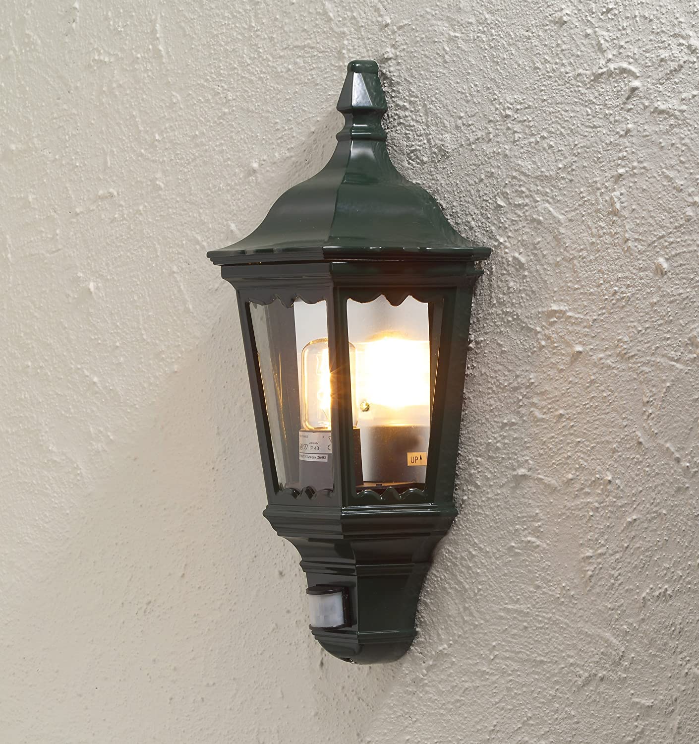 Konstsmide Outdoor Lights Firenze Flush Outdoor Wall Light with PIR Sensor-Motion Detector / 1 x 100 W E27 Max Wall Lamp / Clear Glass Panels / Aluminium / IP43 / Outside Light Green - Image 2