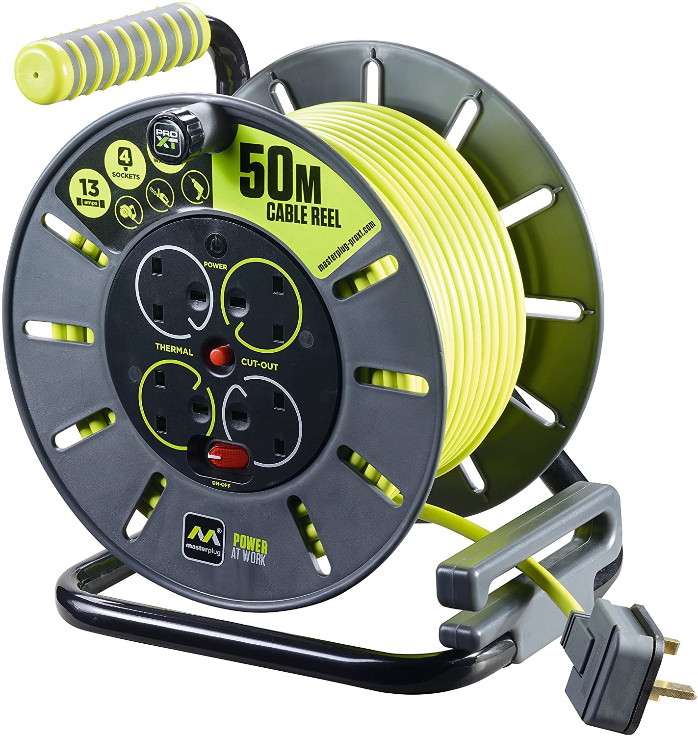 Masterplug OLU50134SL-PX Pro-XT Four Socket Open Cable Reel with Winding Handle, Thermal Cut Out and Power Switch