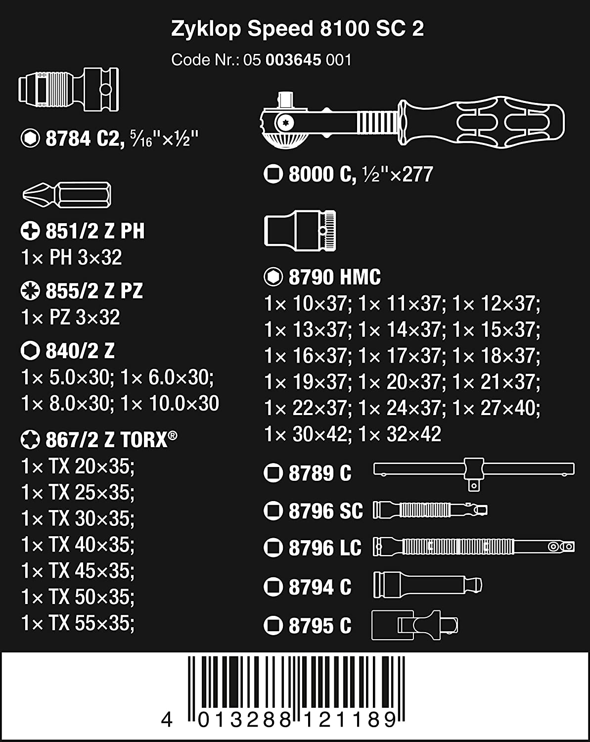 Wera 8100 SC 2 Zyklop Speed Ratchet, Sockets, Bits and Accessories Set, 1/2" Drive, 37PC, 05003645001, Silver - Image 2
