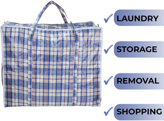 AAYAW Pack of 10 Extra Large Strong Laundry, Storage, Cloth, Moving, Reusable Store, Waterproof, Shopping, Zipper and Handles Checkered Bags Sizes: 60cm X 50cm X 25cm OR 20cm (+/-10%) - Image 3