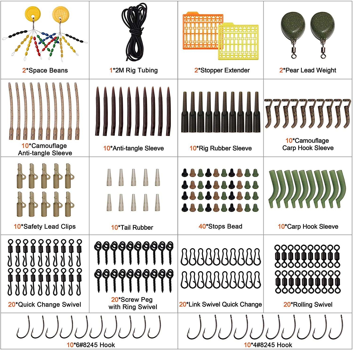 217pcs/box Carp Fishing Tackle Box Anti Tangle Sleeve Line Aligner Bait Screw Stopers Carp Hook Carp Pear-Shape Metal Weights for Carp Fishing Bait Making Carp Terminal Tackle - Image 4
