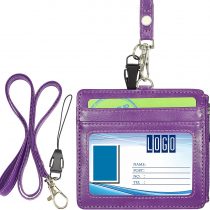 Badge Holder with Zip, Wisdompro 2-Sided PU Leather ID Badge Holder with 1 ID Window, 4 Card Slots, 1 Side Zipper Pocket and 1 Piece 20 Inch PU Neck Lanyard/Strap - Purple (Horizontal)