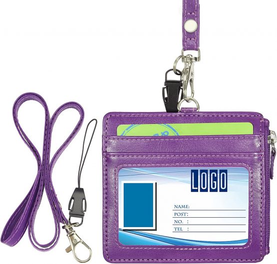 Badge Holder with Zip, Wisdompro 2-Sided PU Leather ID Badge Holder with 1 ID Window, 4 Card Slots, 1 Side Zipper Pocket and 1 Piece 20 Inch PU Neck Lanyard/Strap - Purple (Horizontal)