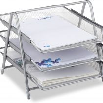 Relaxdays 3-Tier Letter Rack/A4 Paper Tray File Holder, Metal Silver, 35.5 x 29.5 x 27 cm