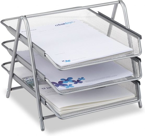 Relaxdays 3-Tier Letter Rack/A4 Paper Tray File Holder, Metal Silver, 35.5 x 29.5 x 27 cm