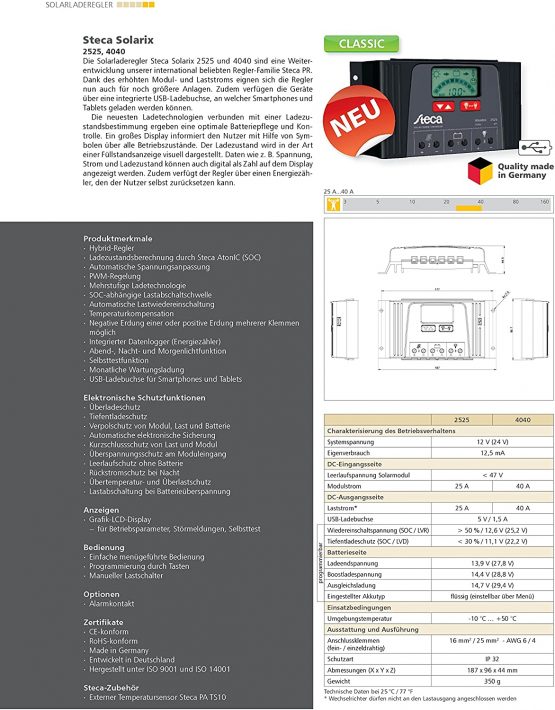 Steca Solarix 4040 Solar Charge Controller, 12/24 Volt DC, 40 A, LCD Display, IP32, 5 V 1.5 A USB, Pack of 1 - Image 2