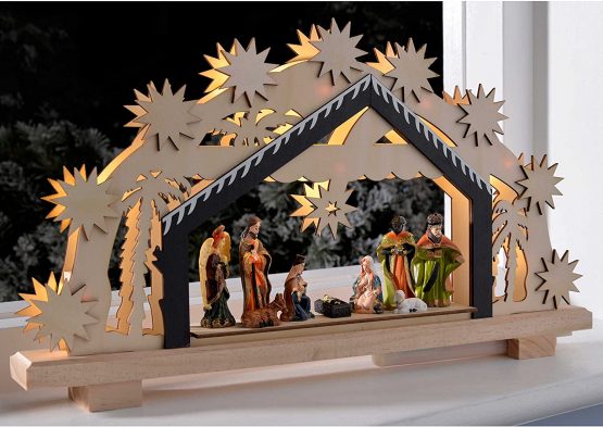 WeRChristmas Pre-Lit Wooden Nativity Scene Illuminated with 8 Warm LED Lights, 26 cm - Large, Multi-Colour - Image 2