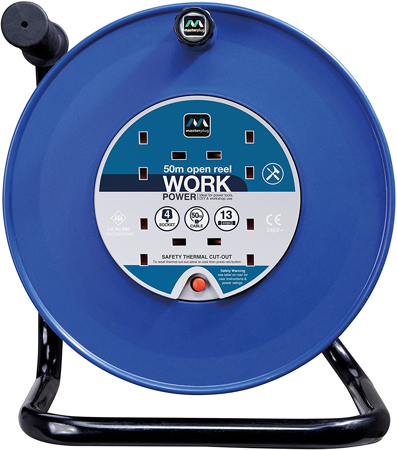 Masterplug Four Socket, 50 Metre Open Cable Reel, Large Extension Lead Reel, Wind-Up Power Retractable Cord Reel, Heavy Duty - Image 2