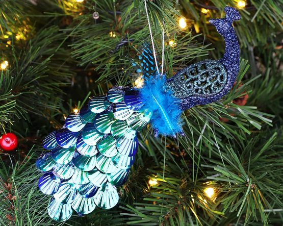 Christmas Concepts® 20cm Peacock Decoration With Jewelled Tail - Luxury Christmas Tree Decorations (Midnight Blue Sequins, Pack of 1)
