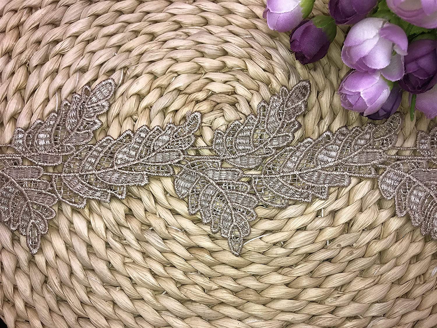 2 Yards Leaf Shape Lace Edge Trim Ribbon 9.5 cm Vintage Style Trimmings Fabric Embroidered Applique Sewing Craft Wedding Bridal Dress Embellishment DIY Party Decoration Clothes Embroidery (Khaki)