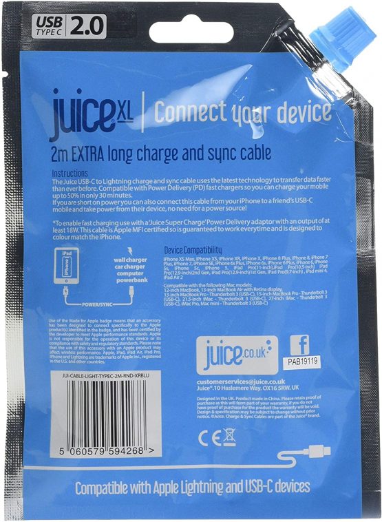 Juice USB Type C - Apple Lightning, 2m Charger and Sync Cable for Apple iPhone 13, 13 Pro, 12, 12 Mini, SE, 11, XS, XR, X, 8, 7, 6, 5, iPad, Pro, Air, Mini, Airpods Pro - Aqua - Image 2