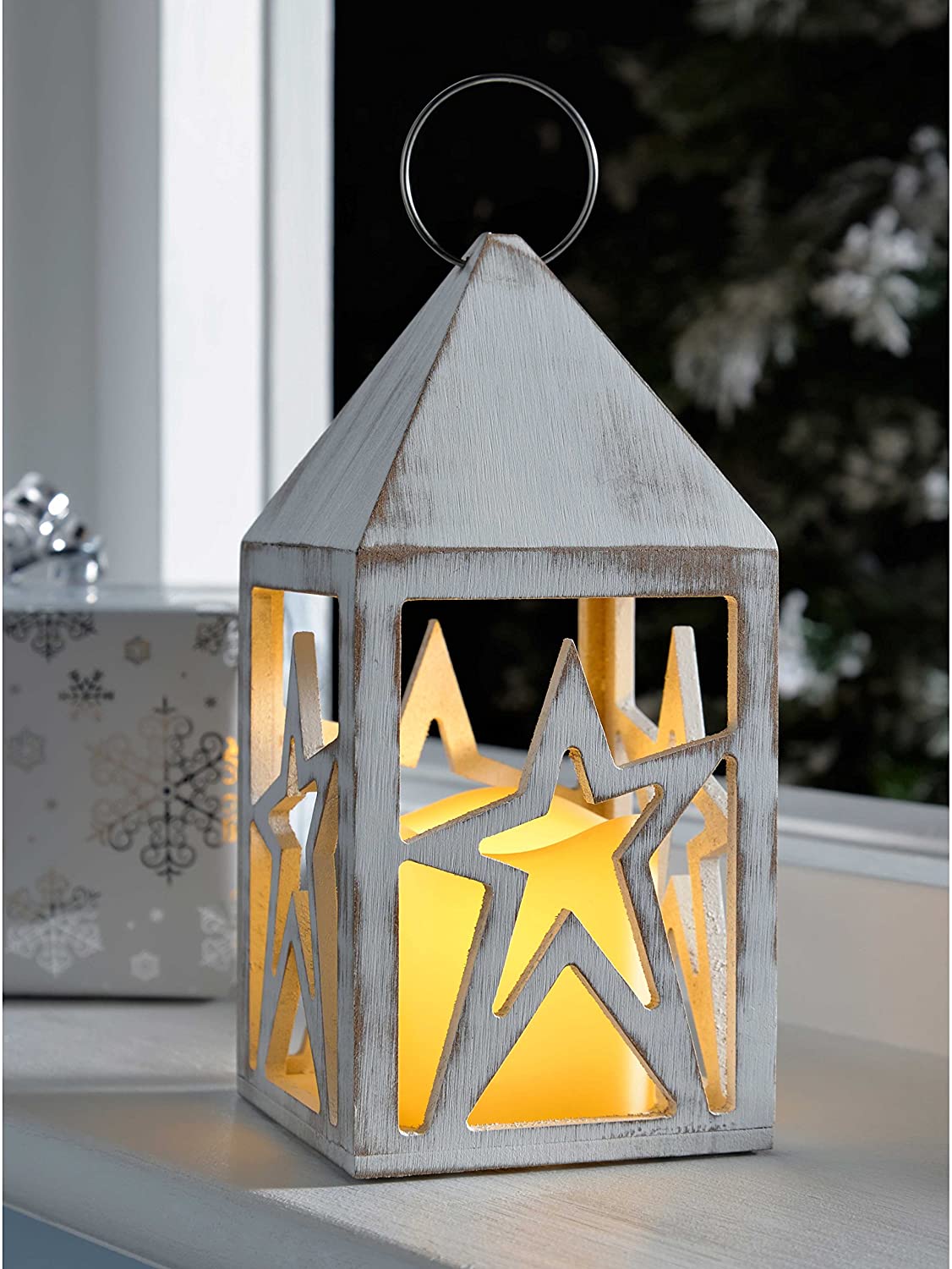 WeRChristmas Pre-Lit Star Lantern Christmas Decoration, Wood, Antique White, 21 cm, 10.5x10.5x21.5 cm - Image 3