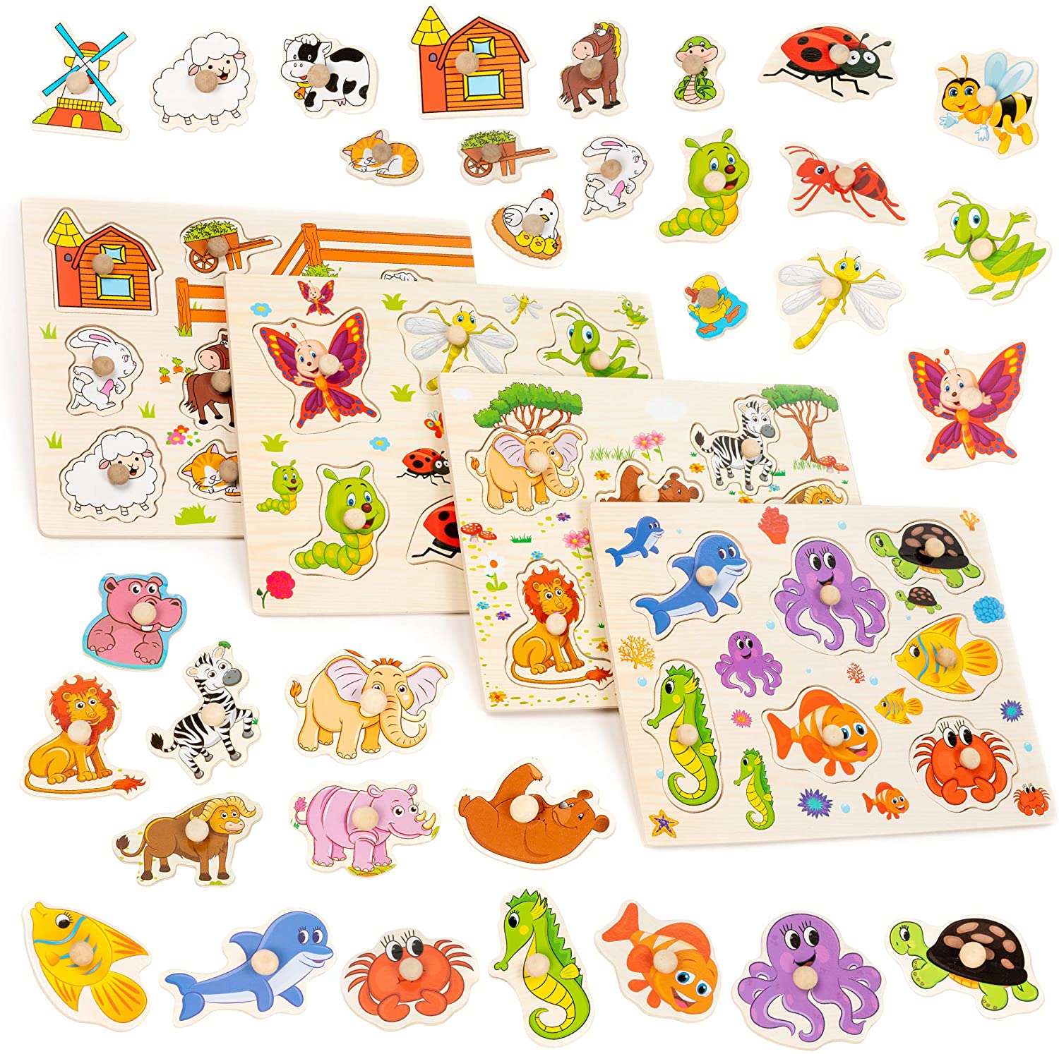 THE TWIDDLERS 4 Bright Wooden Puzzles for Kids Childrens Animal Peg Board