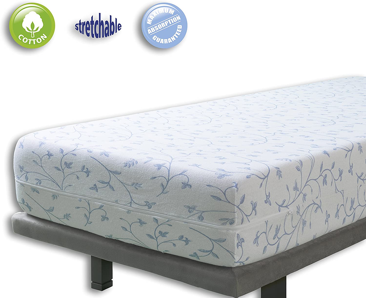 Velfont, Fully Enclosed Mattress Cover, BALI Elastic Terry Cotton Floral Patterned, Blue, King