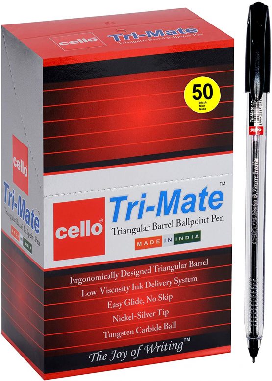 Cello Original Tri-Mate Ballpoint Pens Medium Point 1.0 mm Biros – Black Pens Pack of 50 Smooth Writing (PACKAGING MAY VARY)