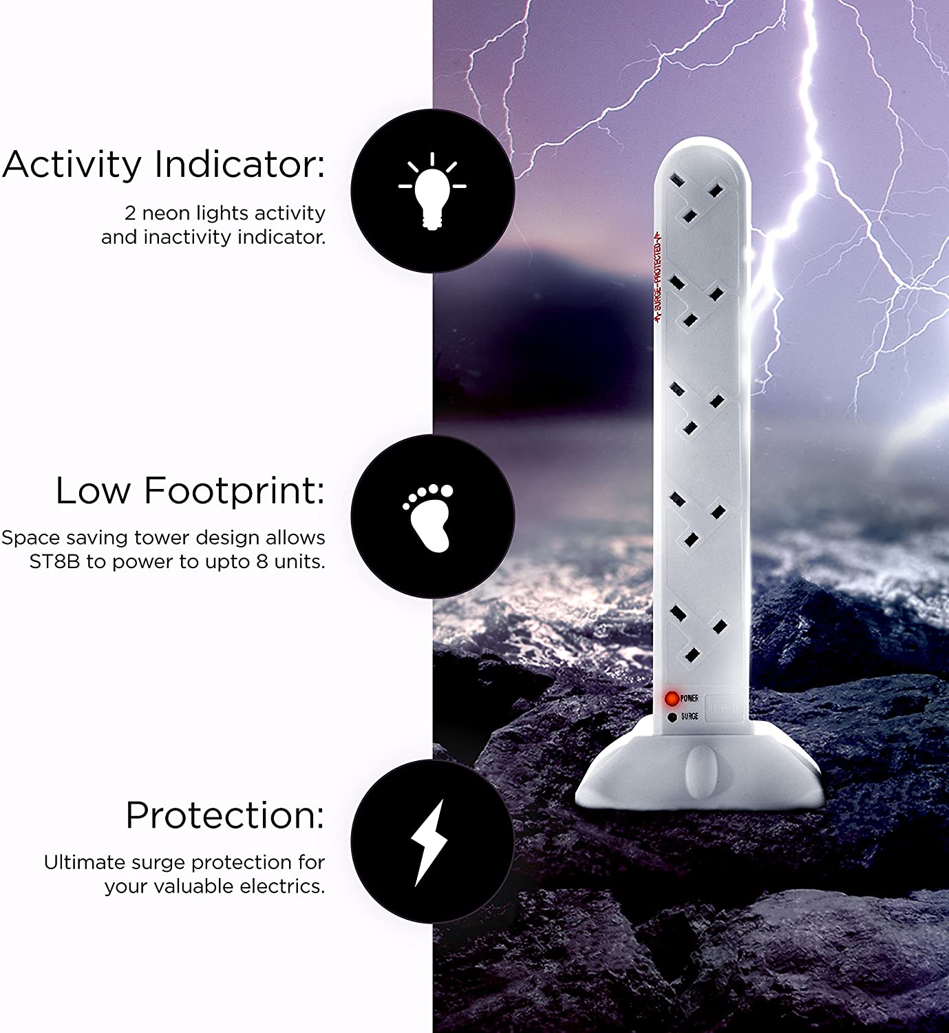 Duronic 10 Way Extension Lead Tower ST10W, White, 10 WAY WHITE - Image 3