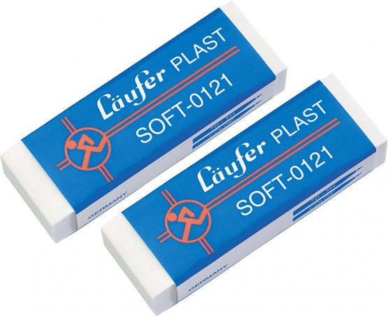 Laeufer 69806 Plast Soft 0121 Eraser, Very Soft Plastic Eraser, Especially Gentle on Paper, Blister Card Contains 2 Erasers