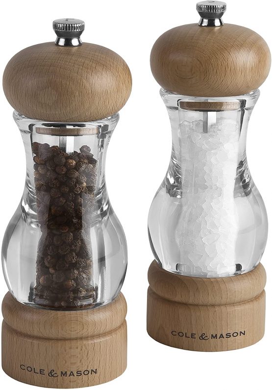 Cole & Mason H10538P 105 Salt and Pepper Mills | Precision+ Wooden | Beech/Acrylic | 165mm | Gift Set | Includes 2 x Salt and Pepper Grinders | Lifetime Mechanism Guarantee