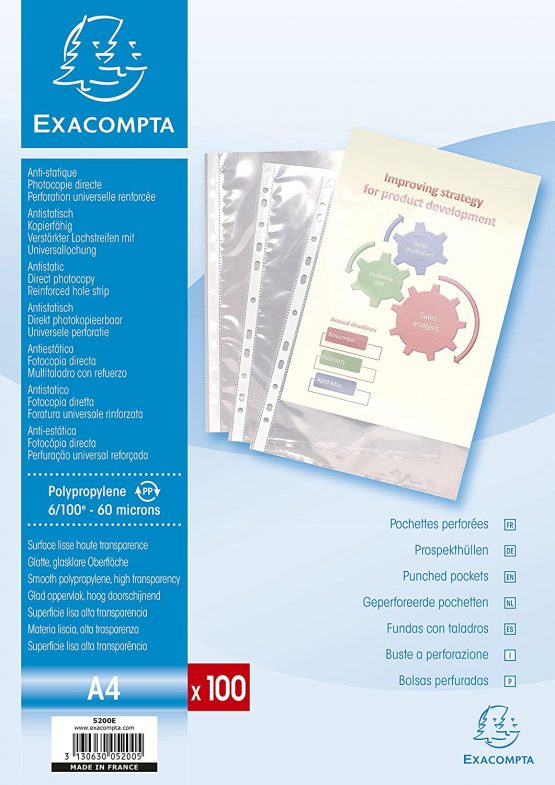 Exacompta PP Punched Pockets, A4 - Clear, Bag of 100