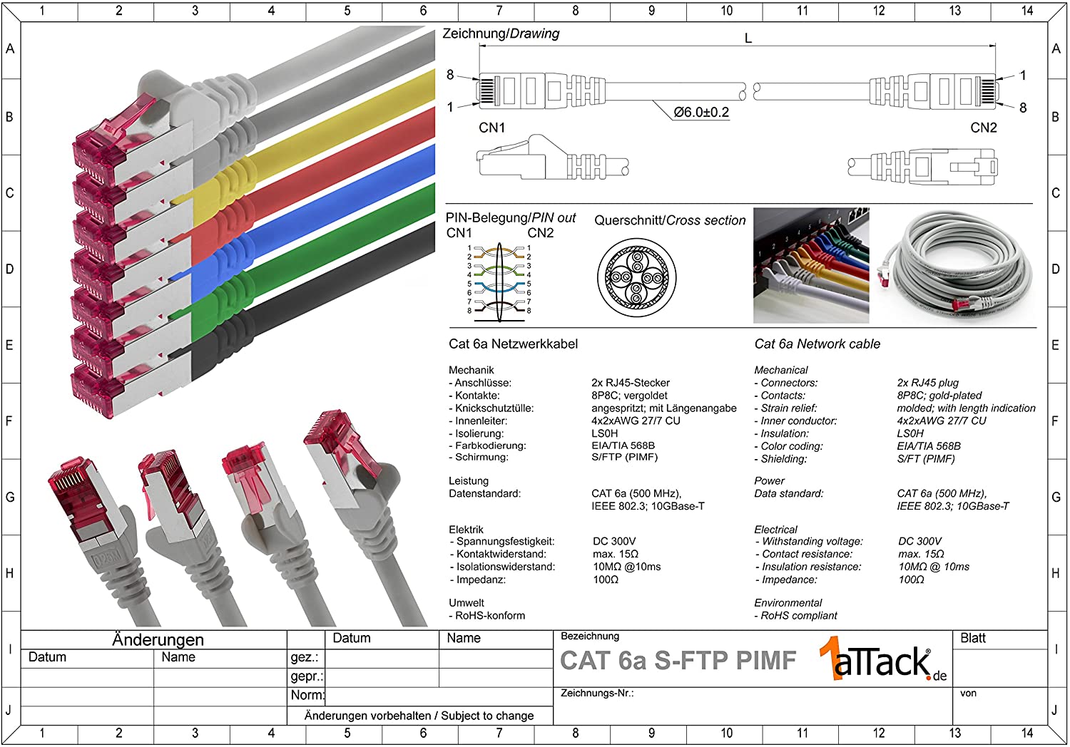 1aTTack.de 7.5m, yellow, 10 pieces, network cable CAT6a (10Gb/s) S-FTP CAT 6a Lanka cable - Image 2