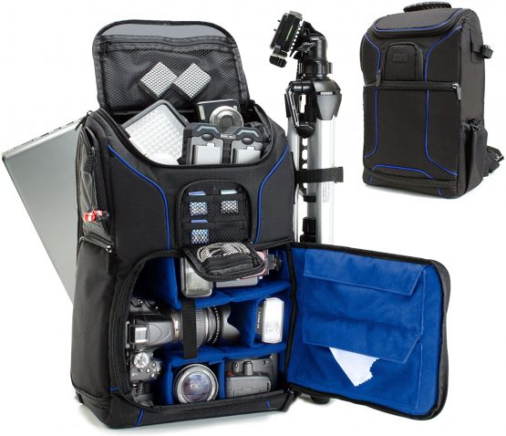 USA Gear Digital Camera Backpack DSLR Photo Bag with Comfort Design, Waterproof Cover, Laptop Storage, Tripod Holder, Adjustable Lens Storage - Compatible with Full-Sized Digital Cameras - Black