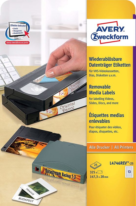 Avery Zweckform L4746REV-25 25 Labels for VHS Video Cassettes Narrow Sides Re-writeable 147.3 x 20 mm