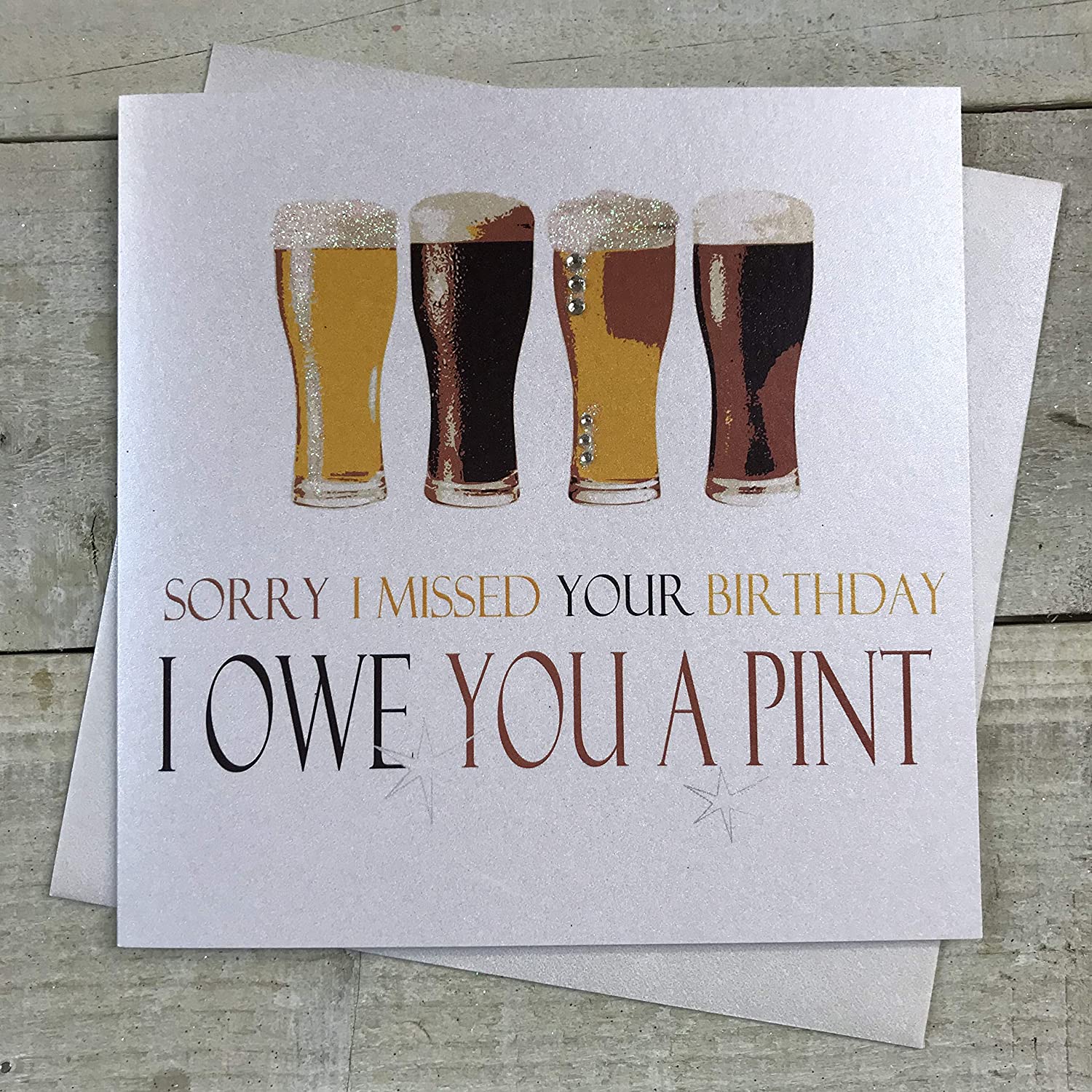 WHITE COTTON CARDS Handmade Sorry Owe You A Pint Neon Range Beers Missed Birthday Card, White, N316, 16cm x 16cm