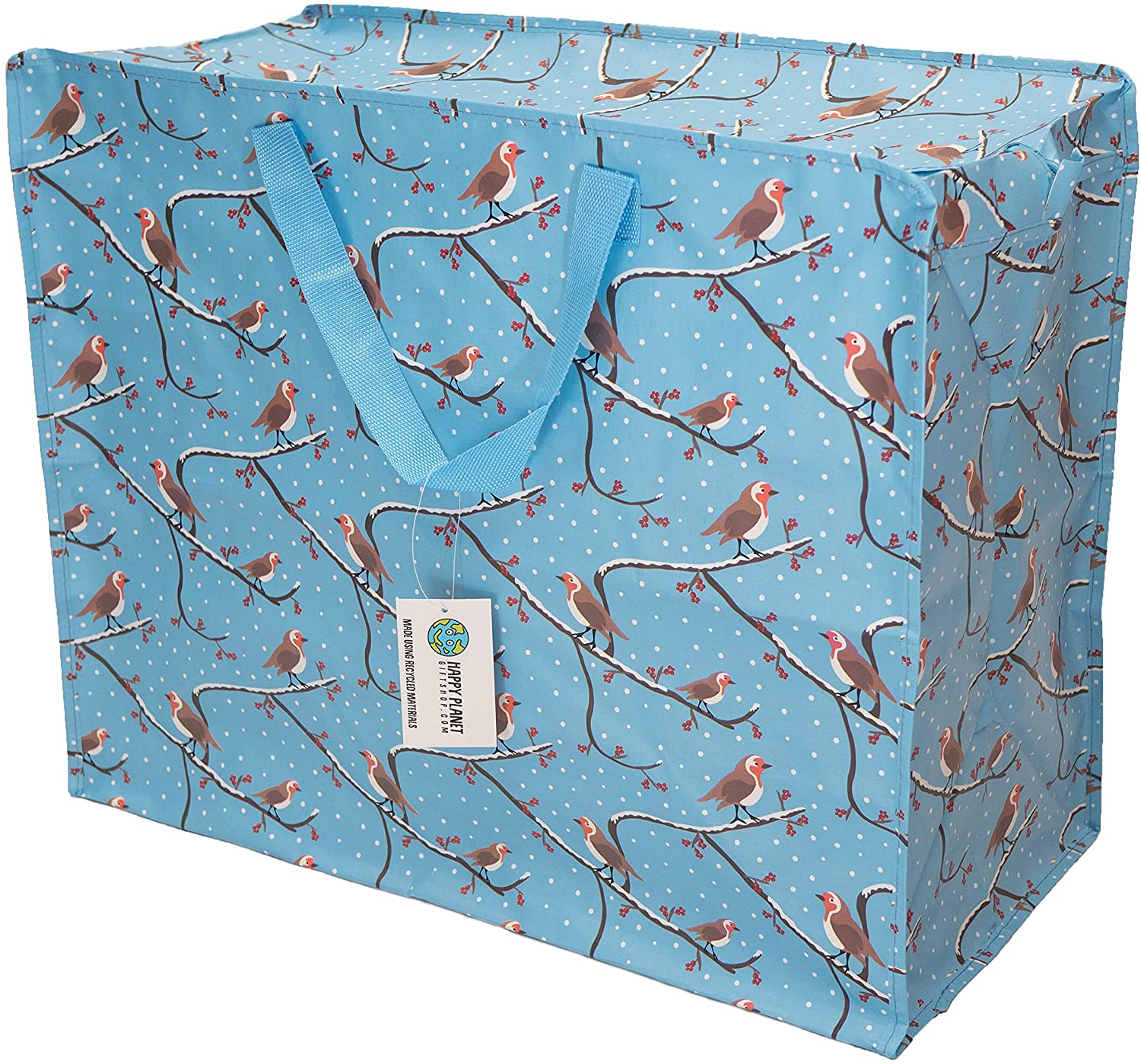 Happy Planet Giftshop Large Jumbo Storage Bag with Zip 58 x 47 x 30cm 80l (Winter Robins Christmas Xmas Design) (Single