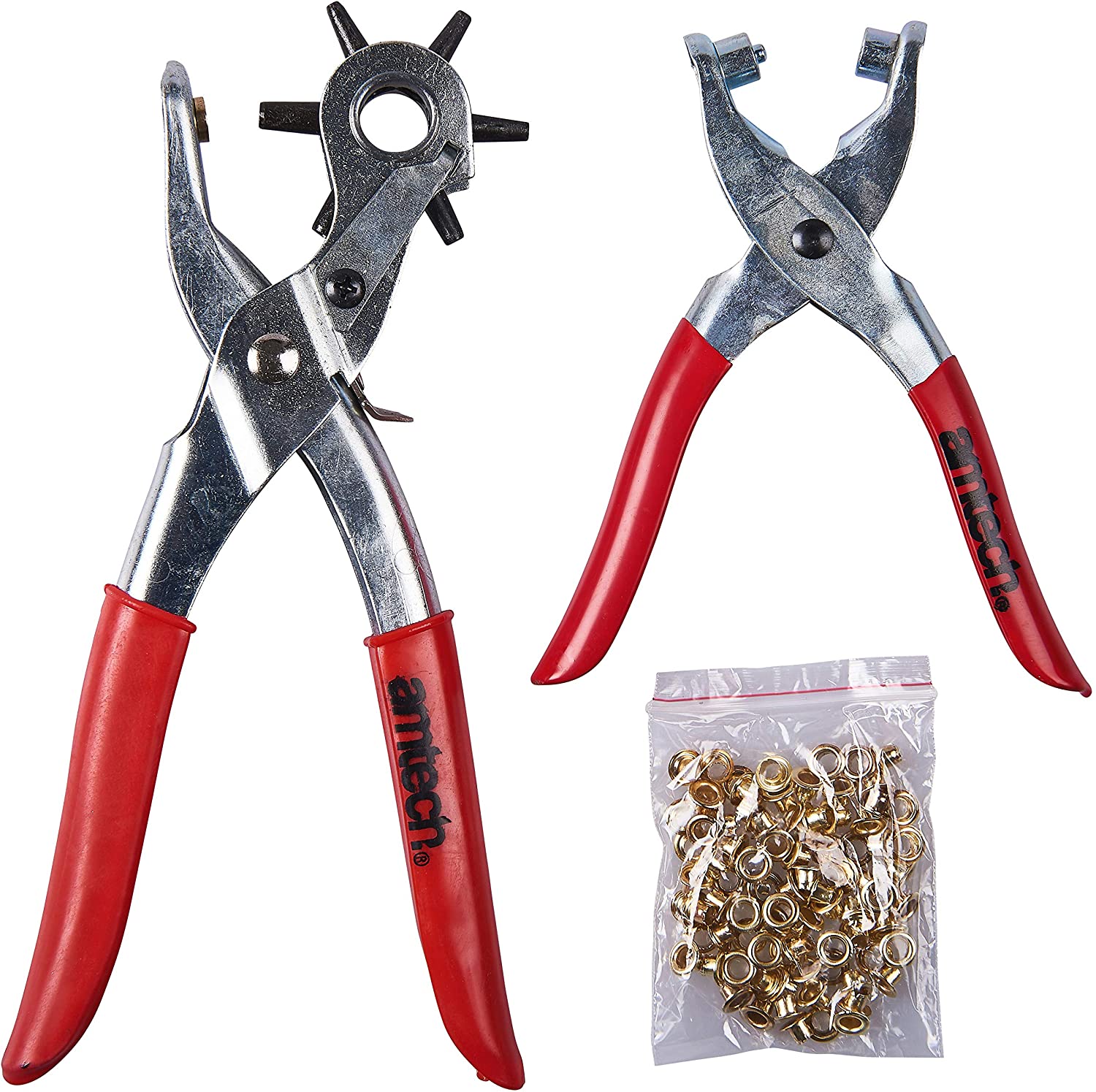 Amtech B1460 LEATHER PUNCH & EYELET PLIER SET - WITH 100pc EYELETS, Red