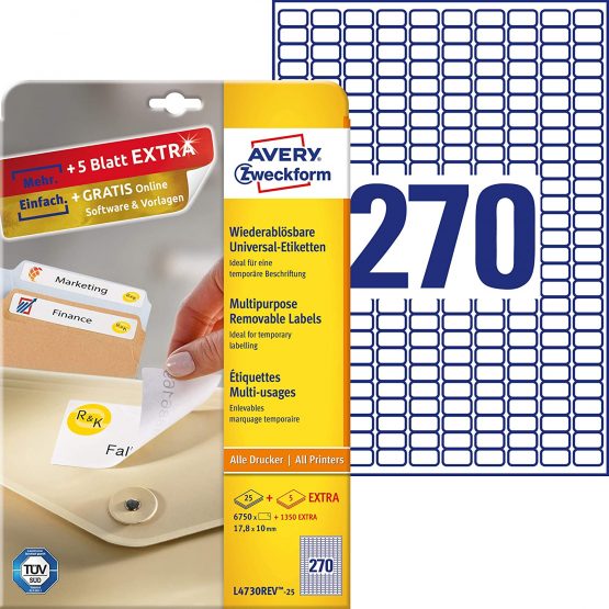 Avery Zweckform L4730REV-25 Universal Labels 17.8 x 10 mm 25 Sheets / 6750 Labels / White