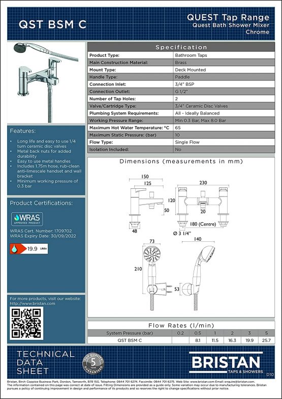 Bristan QST BSM C Chrome Plated Quest Bath Shower Mixer - Image 3