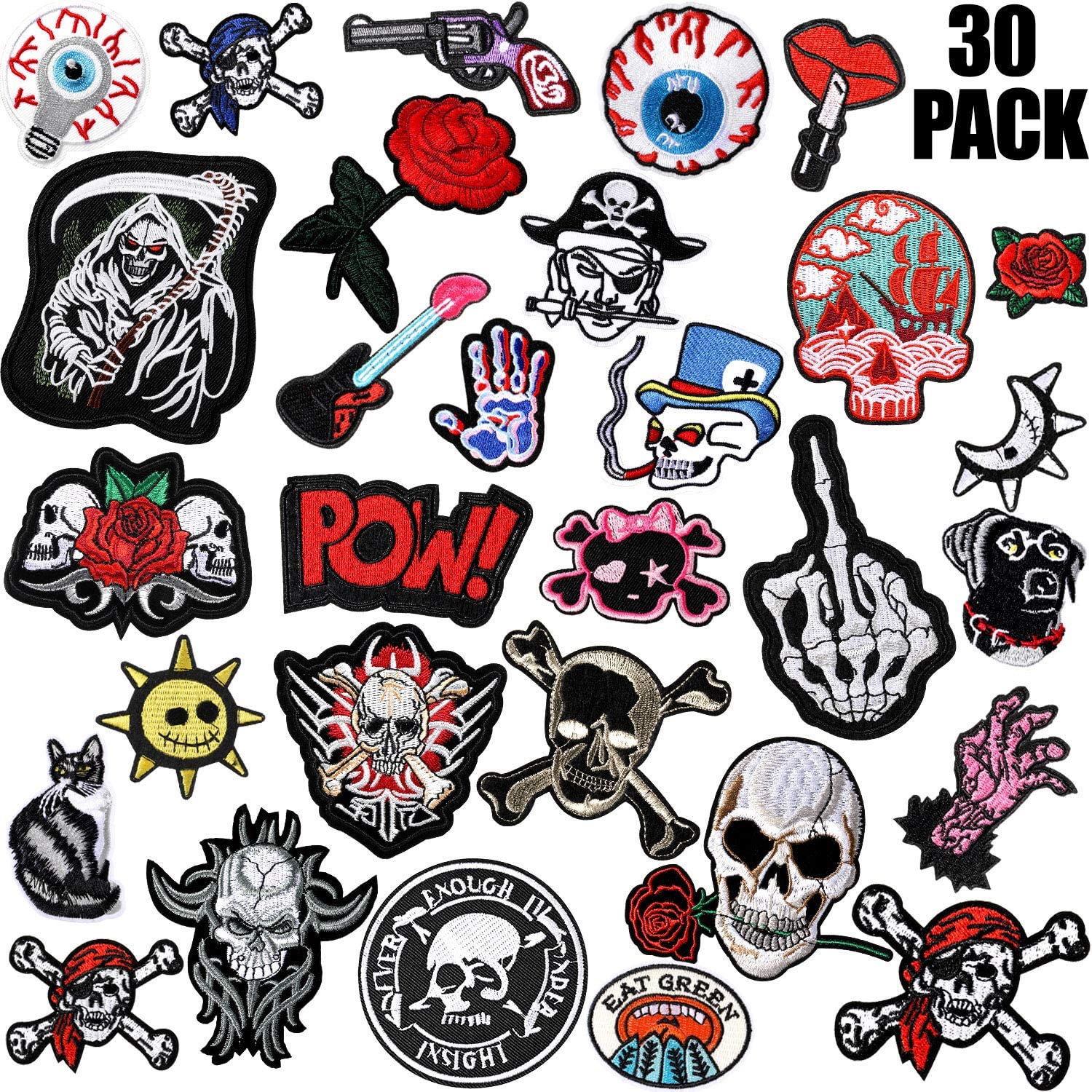 30 Pieces Rock Punk Band Patch or Alien Patches Punk Iron-on Patches Assorted Punk Embroidered Iron-on Patches Skull Eye Ball Pattern for Halloween Jackets Hat Clothing Bags