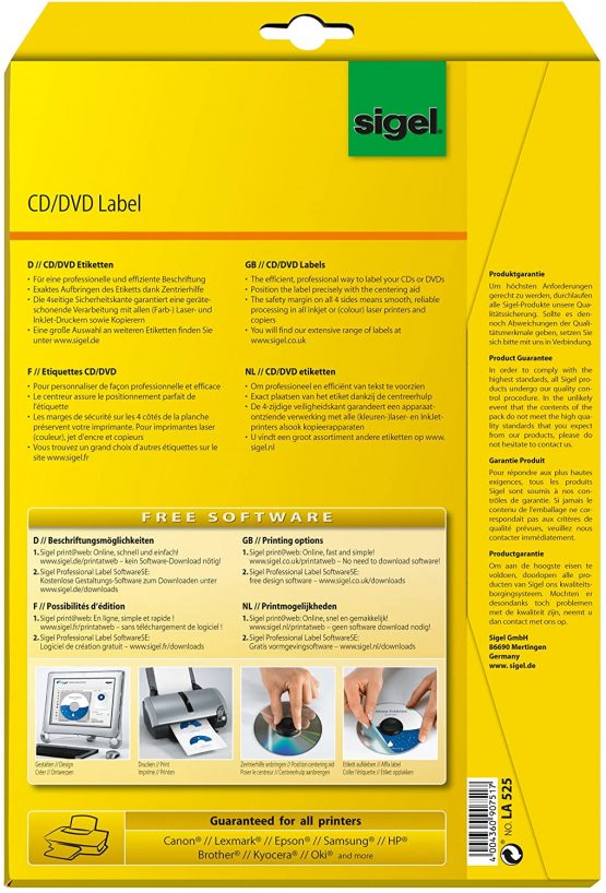 SIGEL LA525 Universal CD/DVD Labels with centering aid, Ø 11.7 cm (center Ø 4.1 cm) , 50 lbl = 25 sheets, white - Image 4