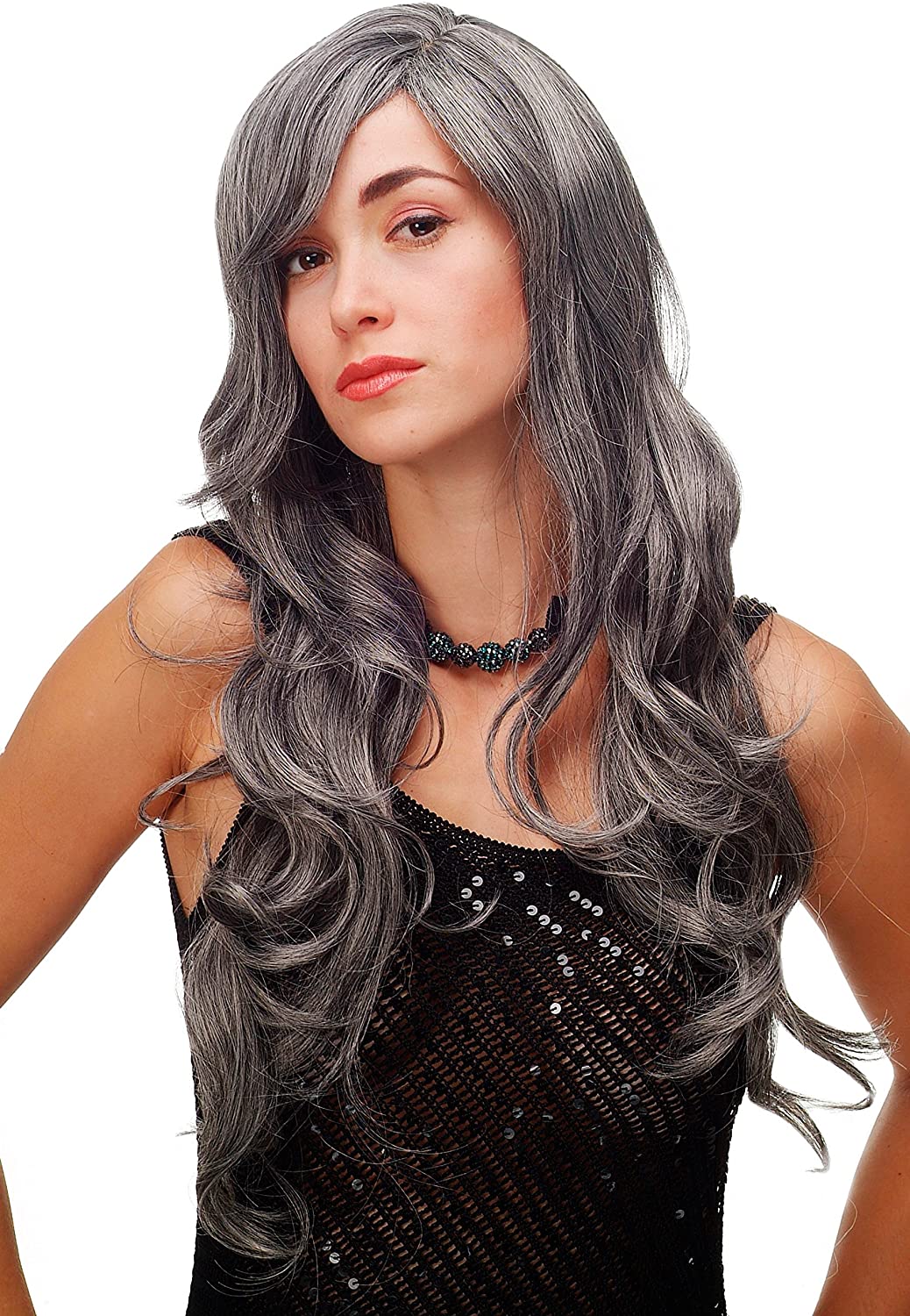 WIG ME UP 9204S-44 Stunning Lady Quality Wig very long wavy long fringe (for side parting) dark grey gray 27,5 inch